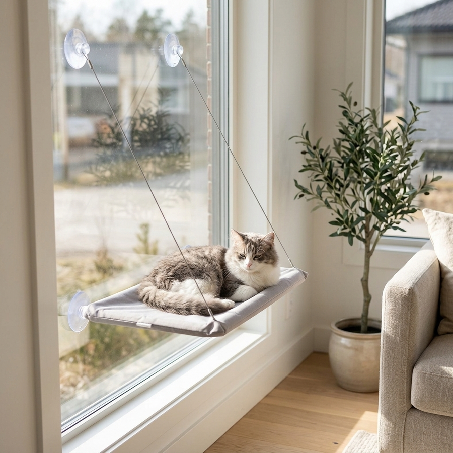 Cat relaxing in a window perch