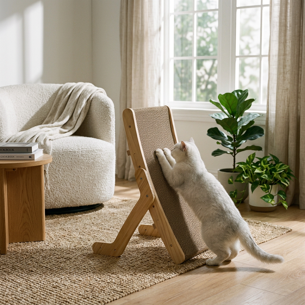 Cat using a wooden cardboard scratcher