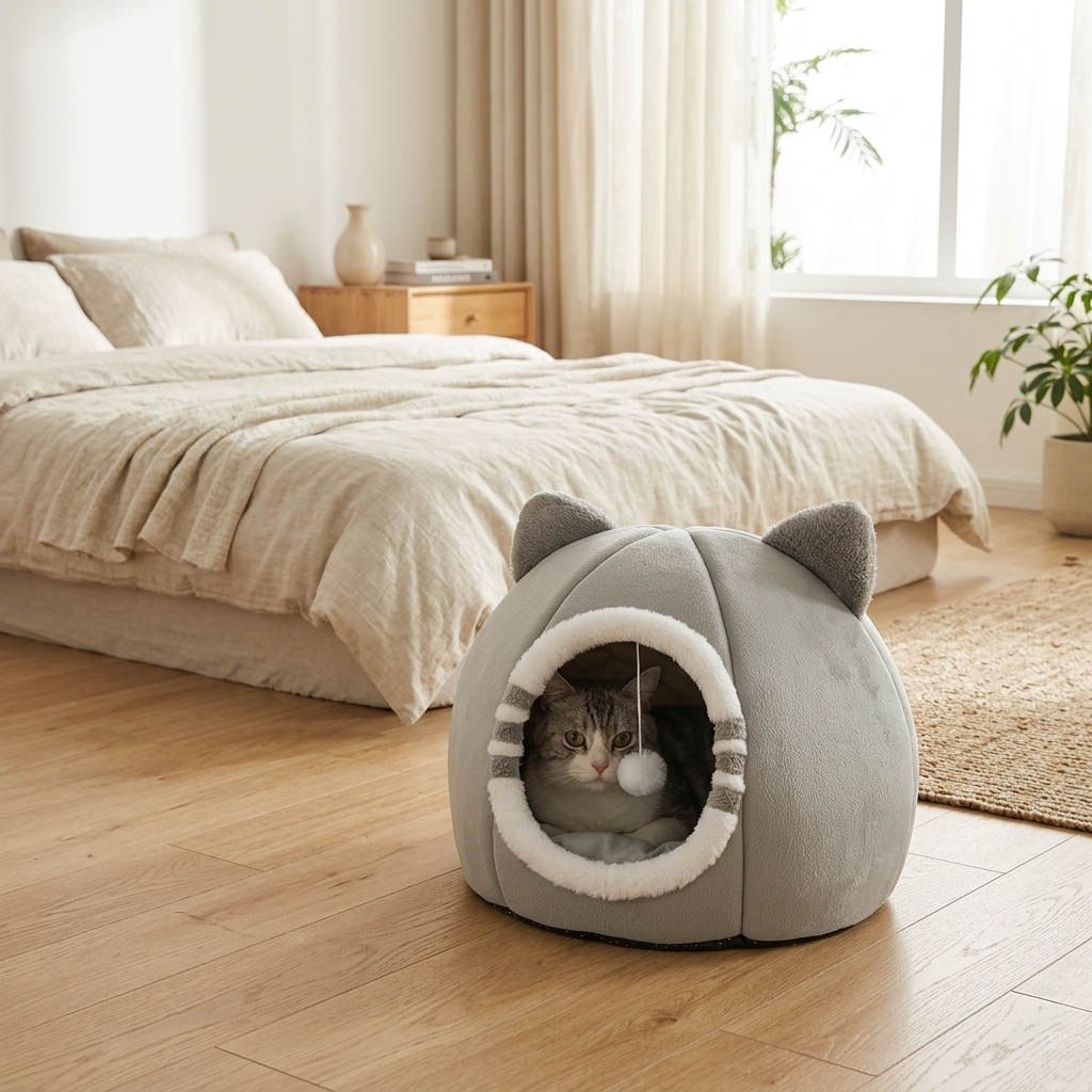 Cat peeking out of a cozy cave bed