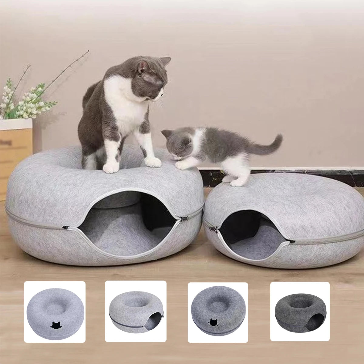 Felt Cat Tunnel Bed – Donut Cat Cave & Play Tunnel, Detachable and Washable
