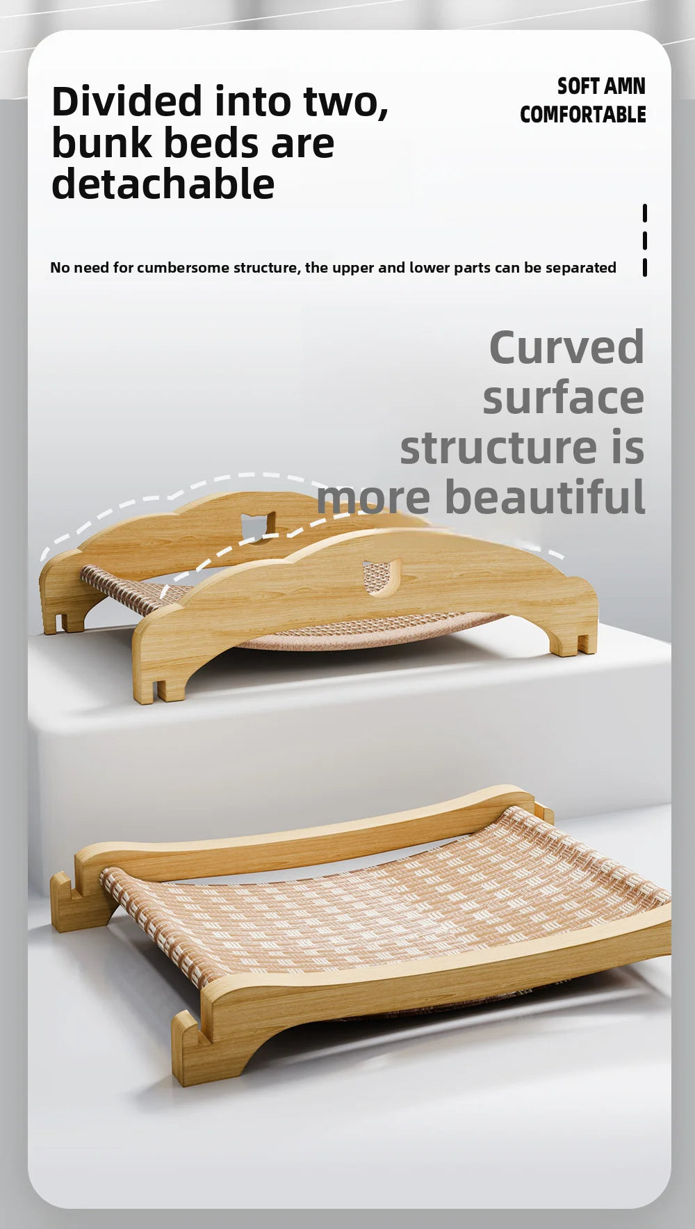 Two-Tier Wooden Elevated Cat Bed – Raised Cat Cot with Breathable Woven Sling