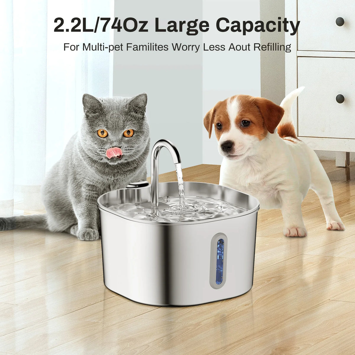 Stainless Steel Cat Water Fountain – 2.2L Quiet Pet Drinking Fountain with Filter