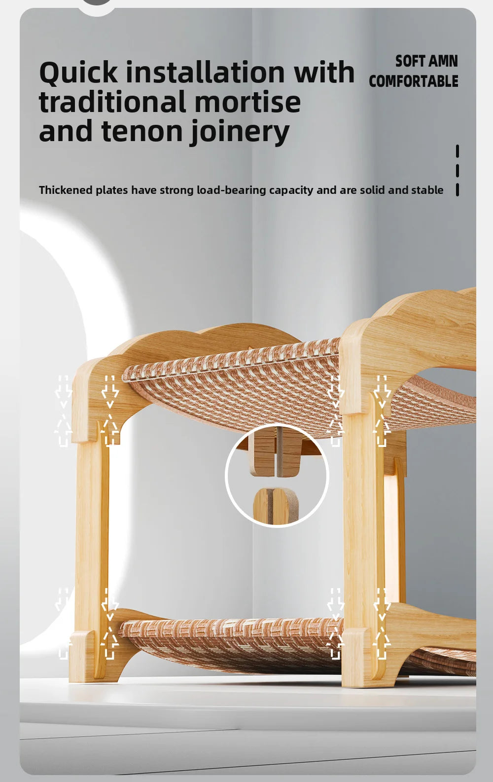 Two-Tier Wooden Elevated Cat Bed – Raised Cat Cot with Breathable Woven Sling