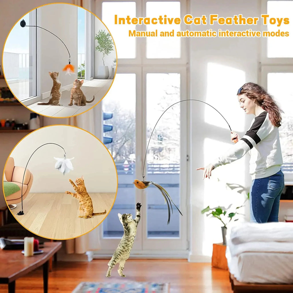 Suction Cup Cat Feather Wand Toy – Interactive Self-Play Teaser with Refill Feathers