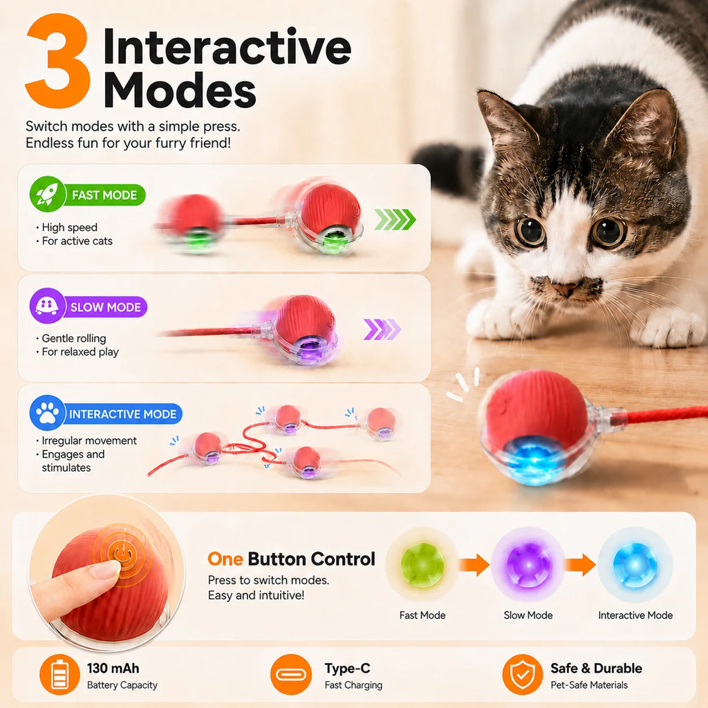 Automatic Rolling Cat Ball – Rechargeable Interactive Smart Cat Toy with Feather Tail