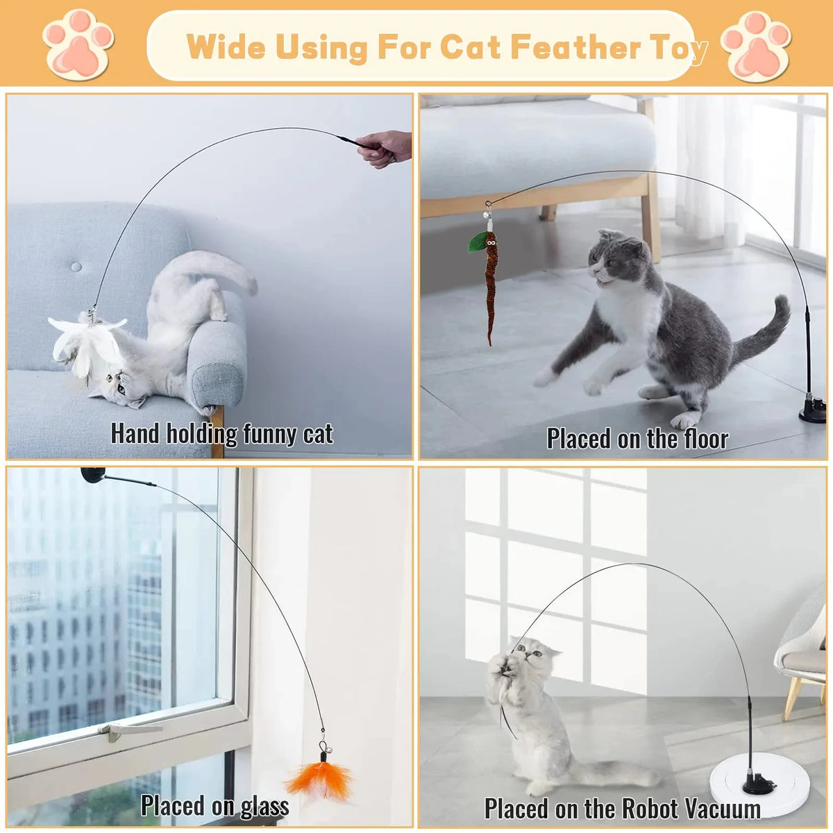 Suction Cup Cat Feather Wand Toy – Interactive Self-Play Teaser with Refill Feathers