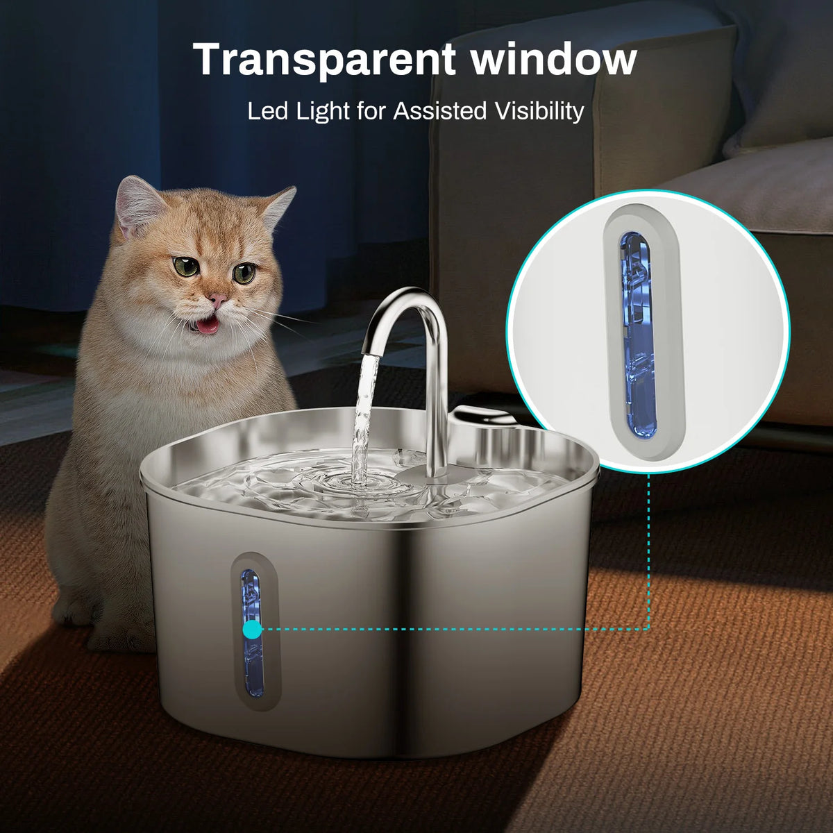 Stainless Steel Cat Water Fountain – 2.2L Quiet Pet Drinking Fountain with Filter