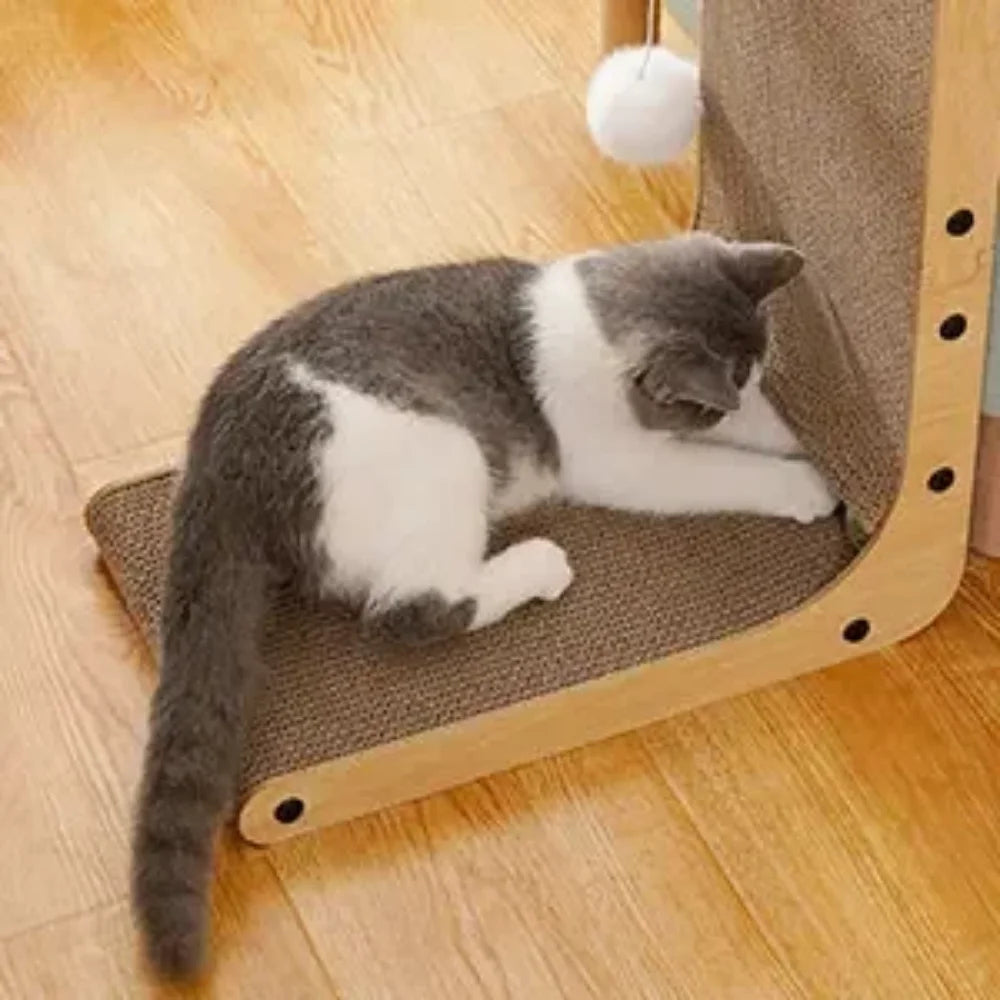 L-Shaped Cardboard Cat Scratcher – Vertical Scratching Post & Lounger with Wood Frame