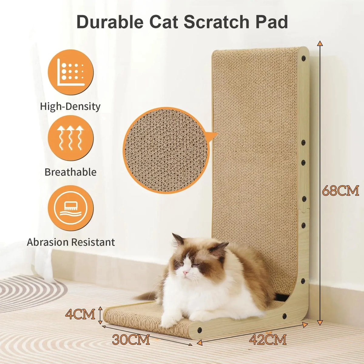 L-Shaped Cardboard Cat Scratcher – Vertical Scratching Post & Lounger with Wood Frame