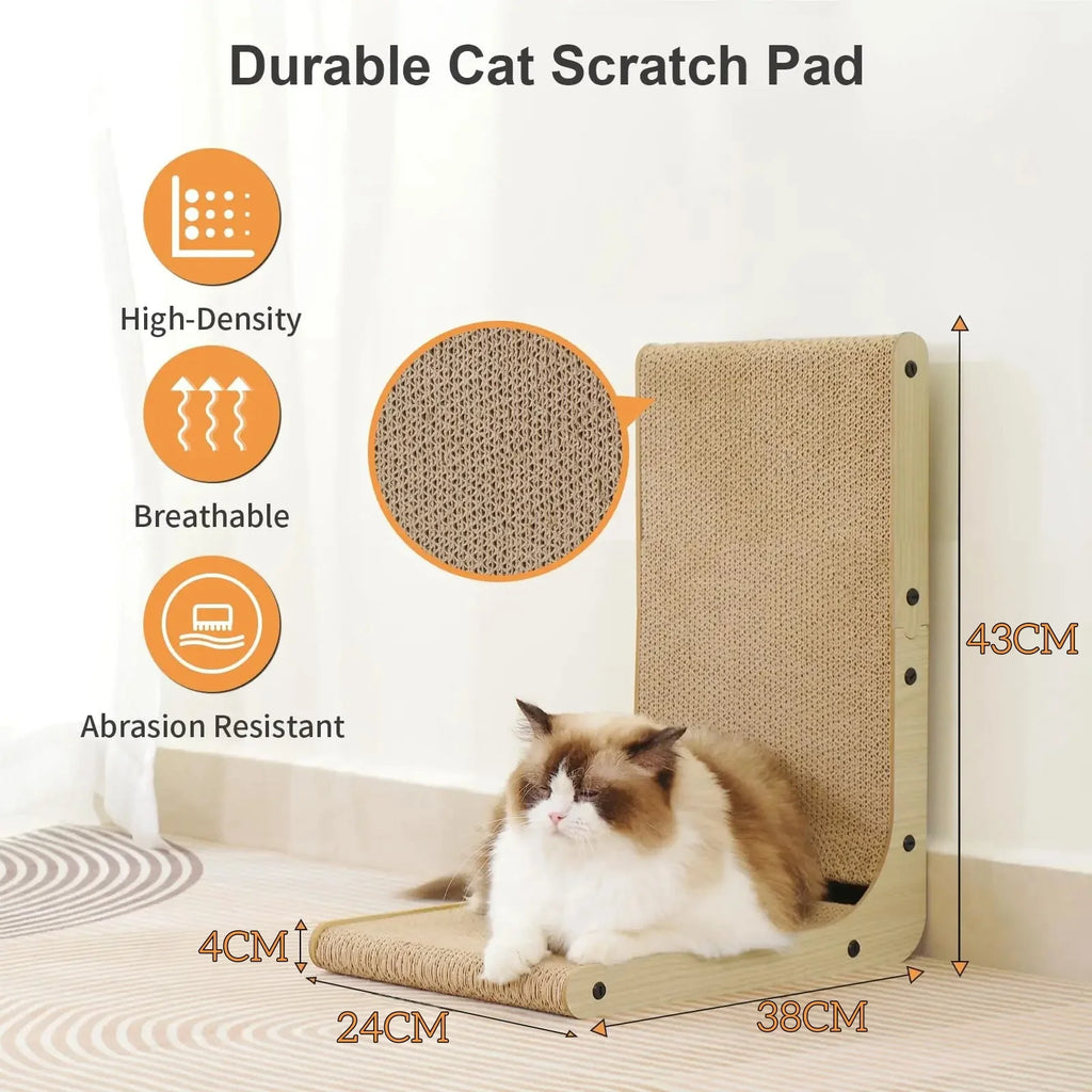 L-Shaped Cardboard Cat Scratcher – Vertical Scratching Post & Lounger with Wood Frame