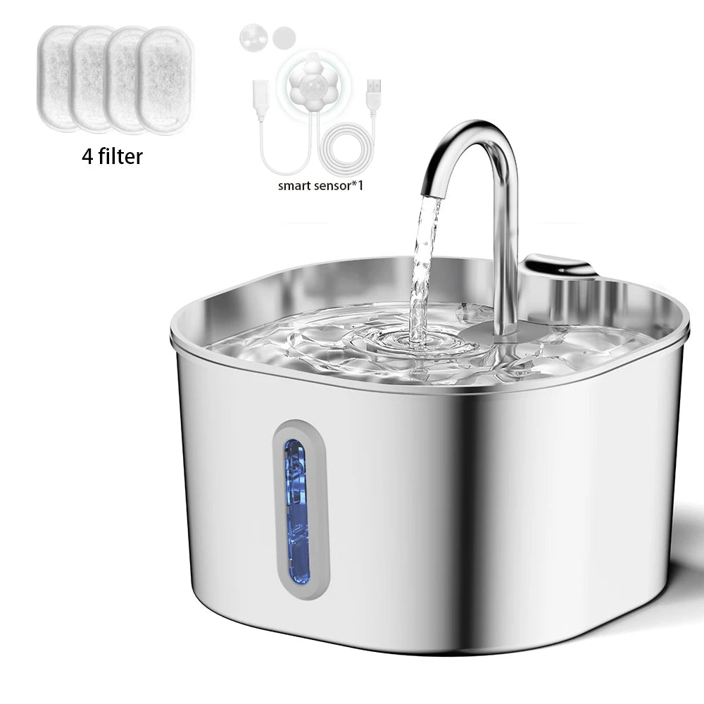 Stainless Steel Cat Water Fountain – 2.2L Quiet Pet Drinking Fountain with Filter