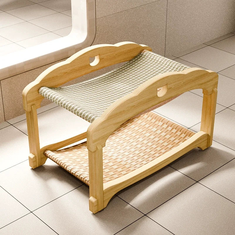 Two-Tier Wooden Elevated Cat Bed – Raised Cat Cot with Breathable Woven Sling