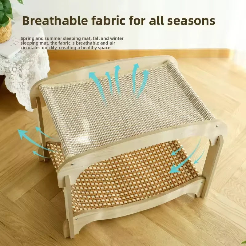 Two-Tier Wooden Elevated Cat Bed – Raised Cat Cot with Breathable Woven Sling