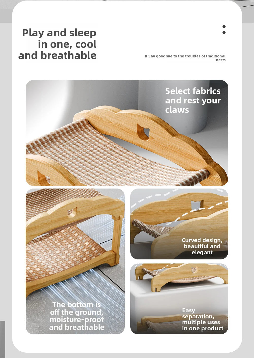 Two-Tier Wooden Elevated Cat Bed – Raised Cat Cot with Breathable Woven Sling