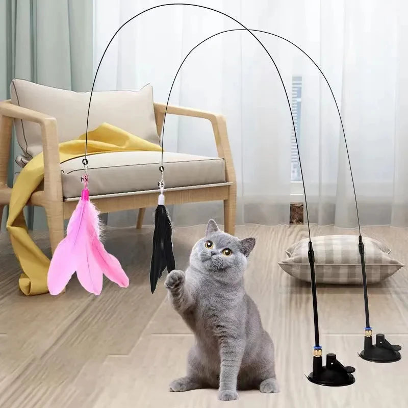 Suction Cup Cat Feather Wand Toy – Interactive Self-Play Teaser with Refill Feathers