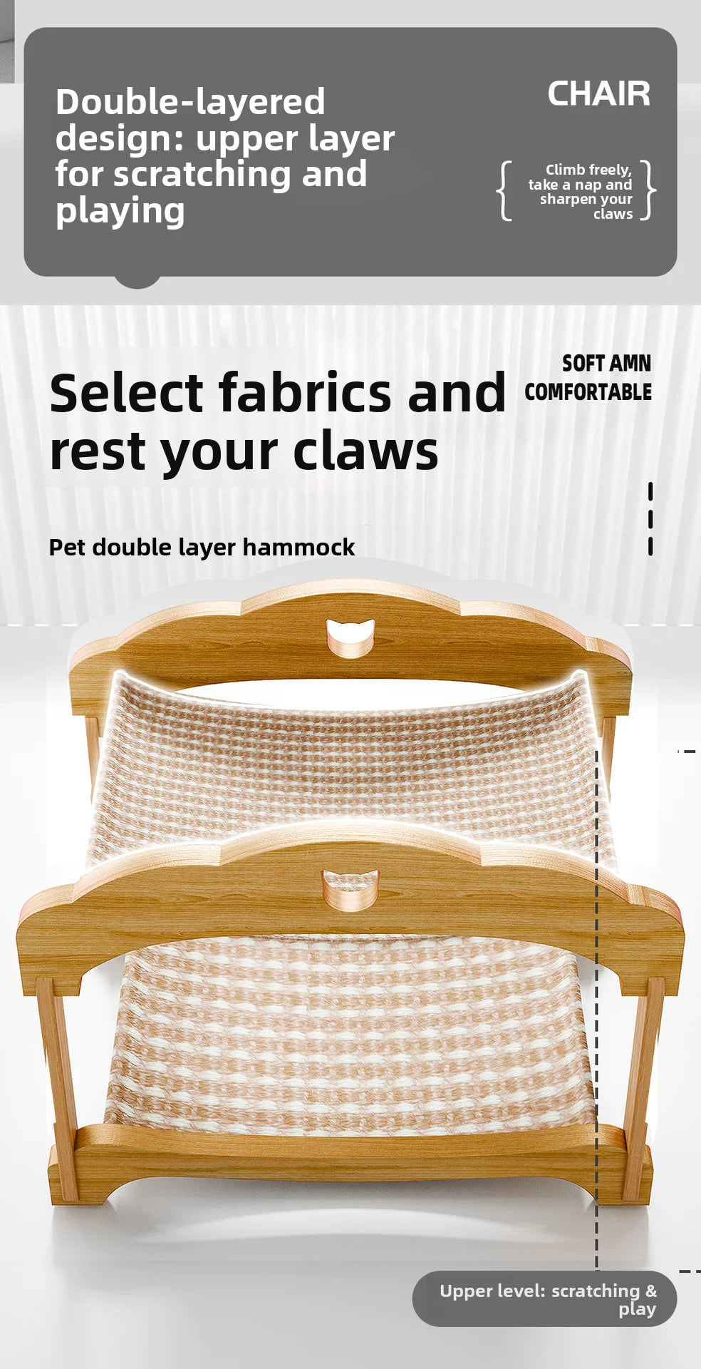Two-Tier Wooden Elevated Cat Bed – Raised Cat Cot with Breathable Woven Sling