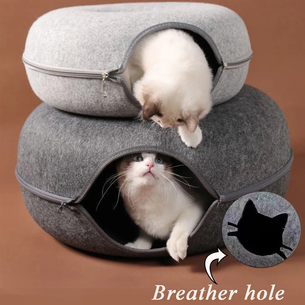 Felt Cat Tunnel Bed – Donut Cat Cave & Play Tunnel, Detachable and Washable