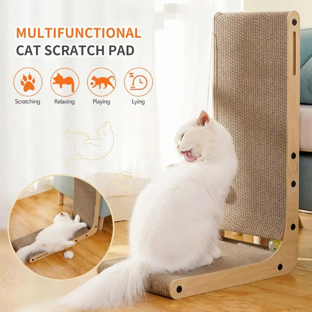 L-Shaped Cardboard Cat Scratcher – Vertical Scratching Post & Lounger with Wood Frame