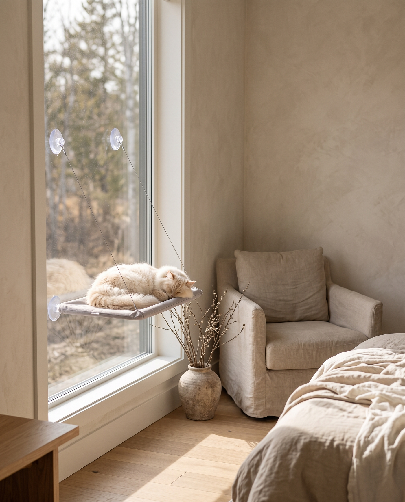 Cream cat napping on a window hammock perch in a calm bedroom