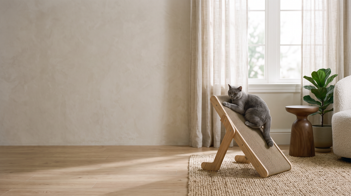 Grey cat on a wooden cardboard scratcher in a calm modern living room