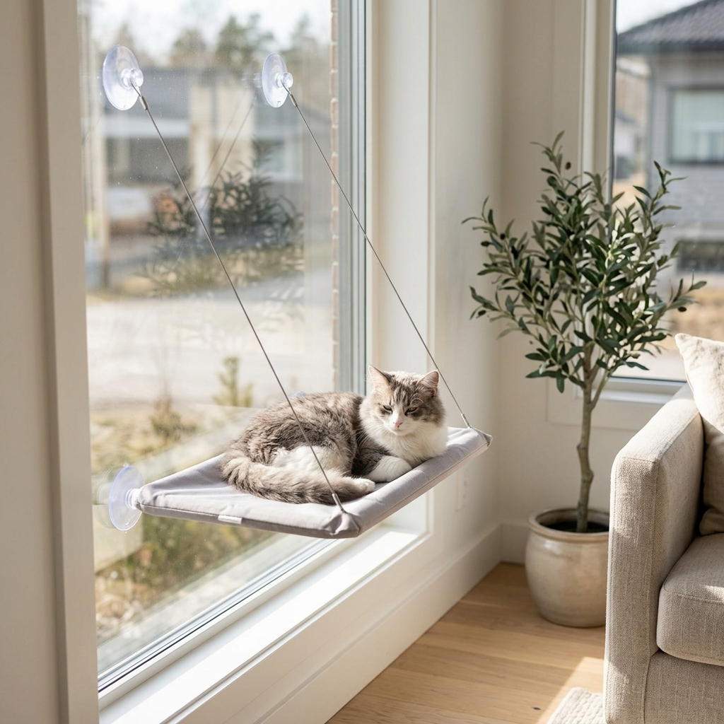 Gray cat relaxing in a suction cup cat window hammock in a bright modern living room