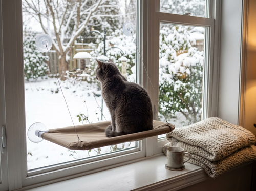 Gray cat watching a snowy garden from an all-season window perch