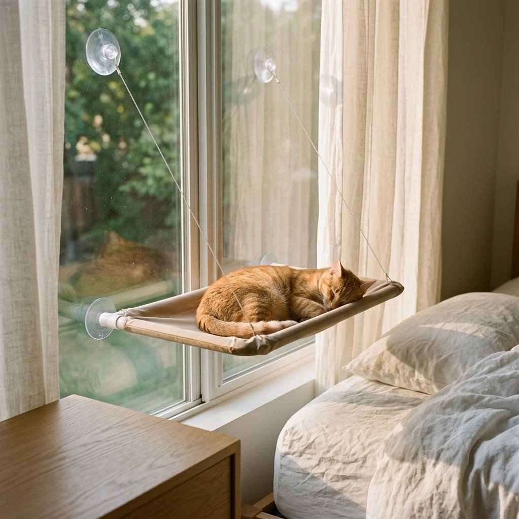 Orange cat napping in a beige canvas cat window perch in a bright bedroom