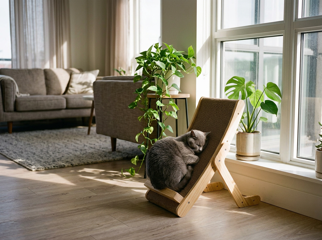 Gray cat napping on the scratcher used as a lounger
