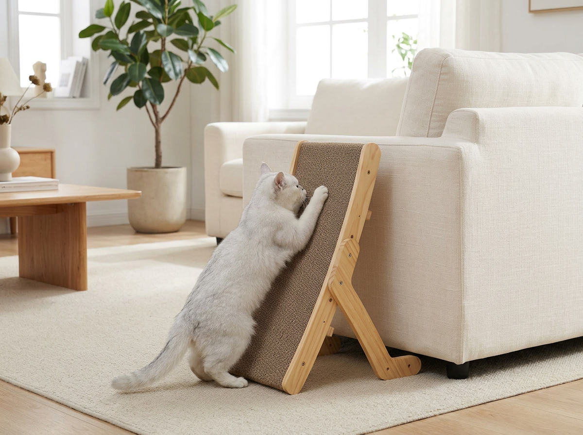 Cat using the wood-frame scratcher next to a cream sofa