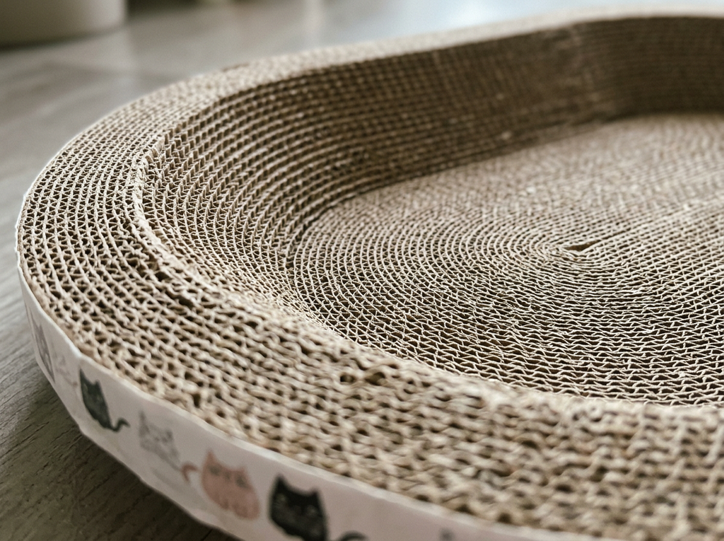 Close-up of the raised rim and layered corrugated cardboard of the oval scratcher