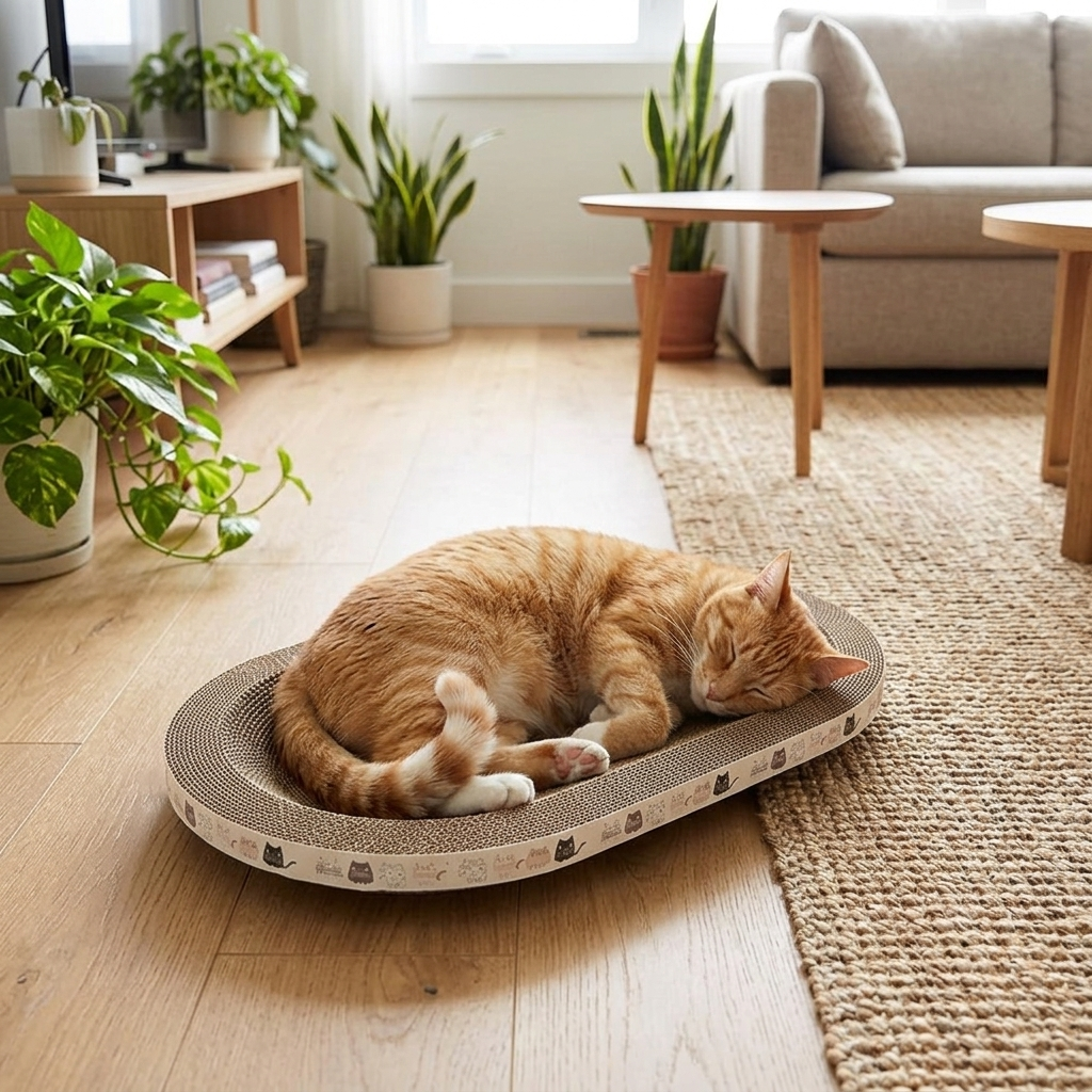Ginger cat asleep in an oval cardboard cat scratcher bed in a modern living room
