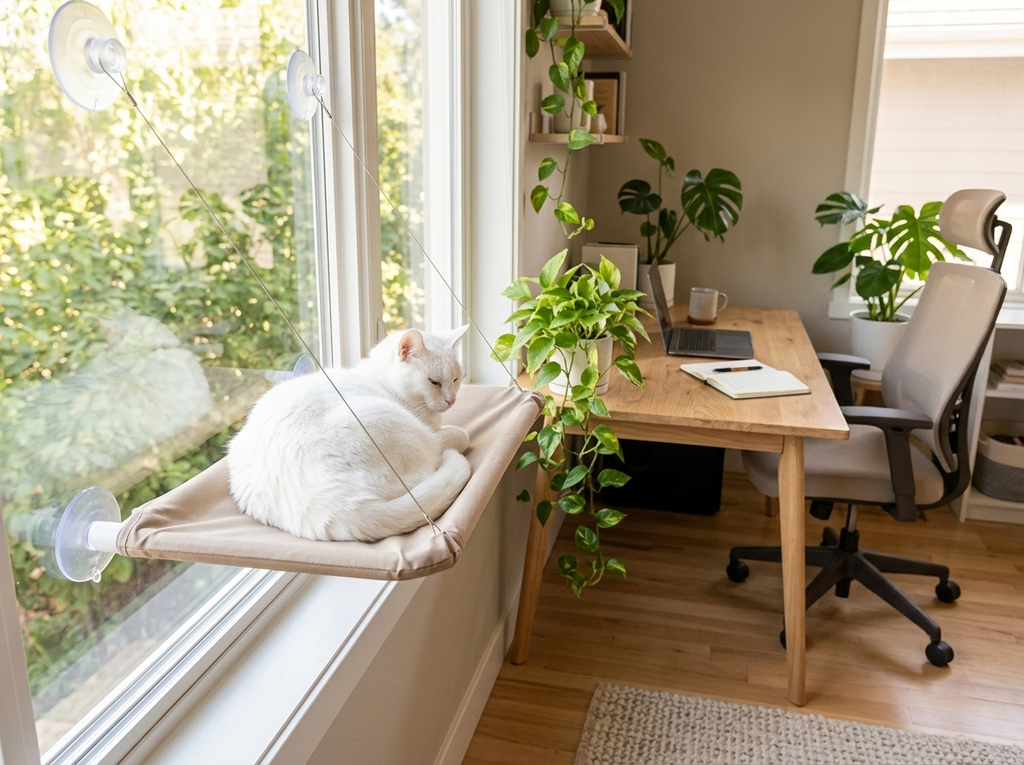 White cat lounging in a window perch in a modern home office