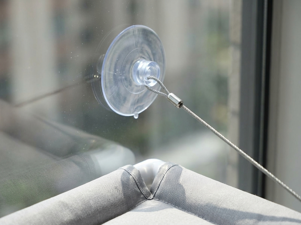 Close-up of the heavy-duty suction cup and steel cable on the cat window hammock