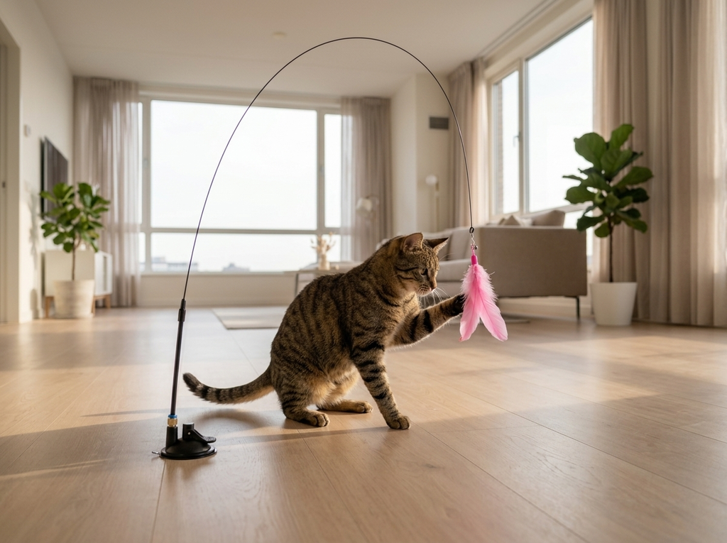 Tabby cat playing alone with the self-play feather wand