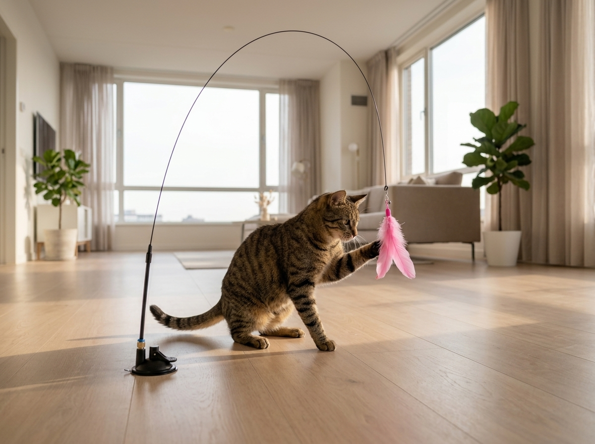 Tabby cat playing alone with the self-play feather wand