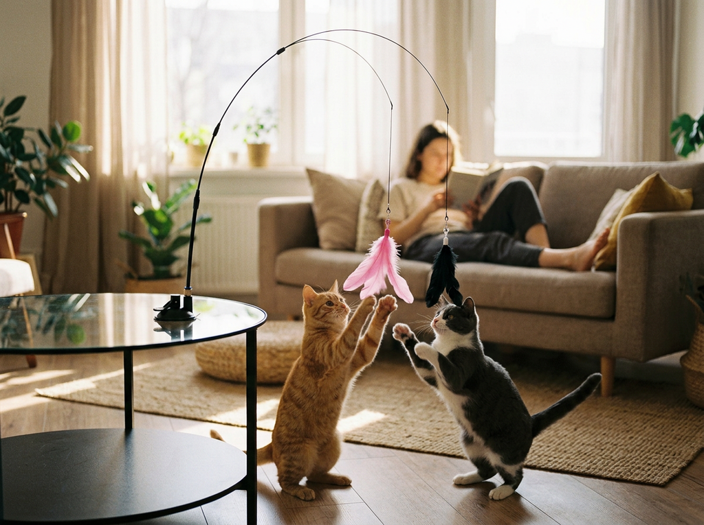 Two cats playing with the feather wand toy together