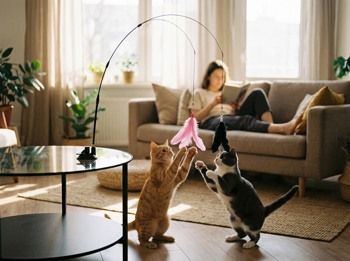Two cats playing with the feather wand toy together