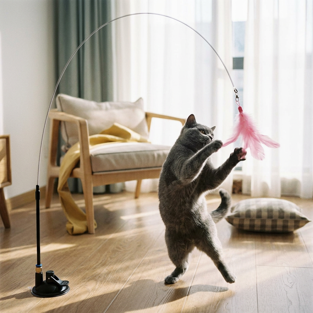 Gray cat leaping at a suction cup feather wand toy in a bright living room