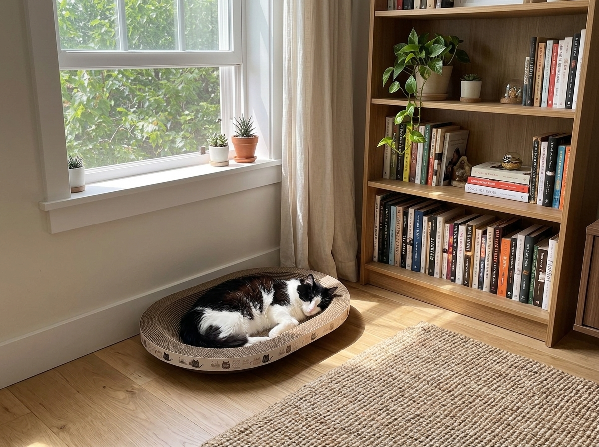 Black and white cat lounging on the oval scratcher bed by a window