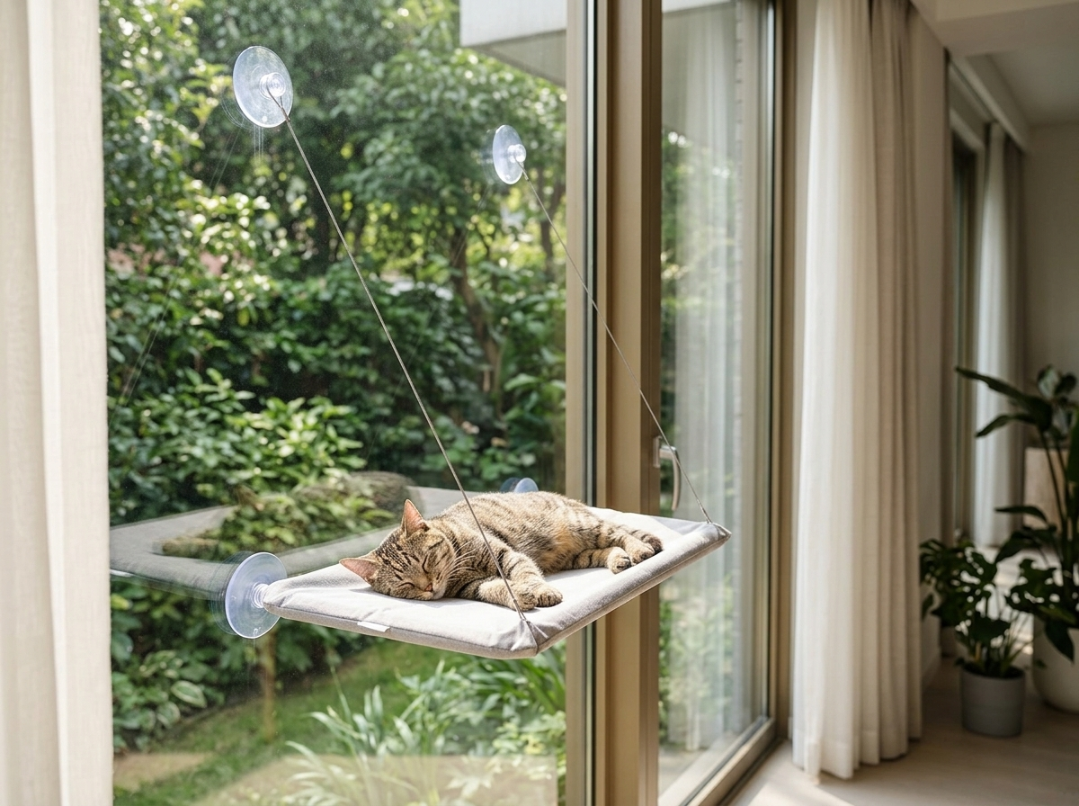 Tabby cat sleeping in the cat window hammock with a garden view