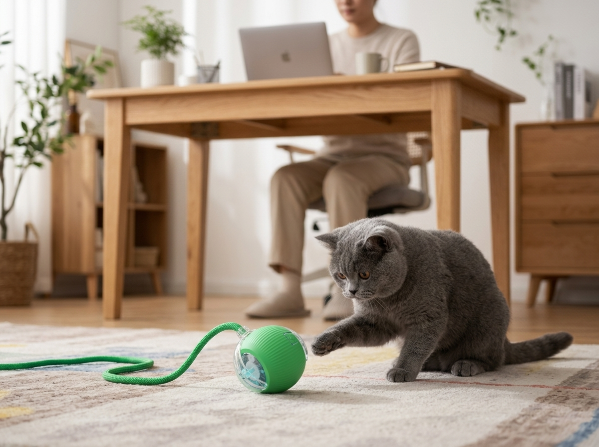 Cat playing with the rolling ball while its owner works
