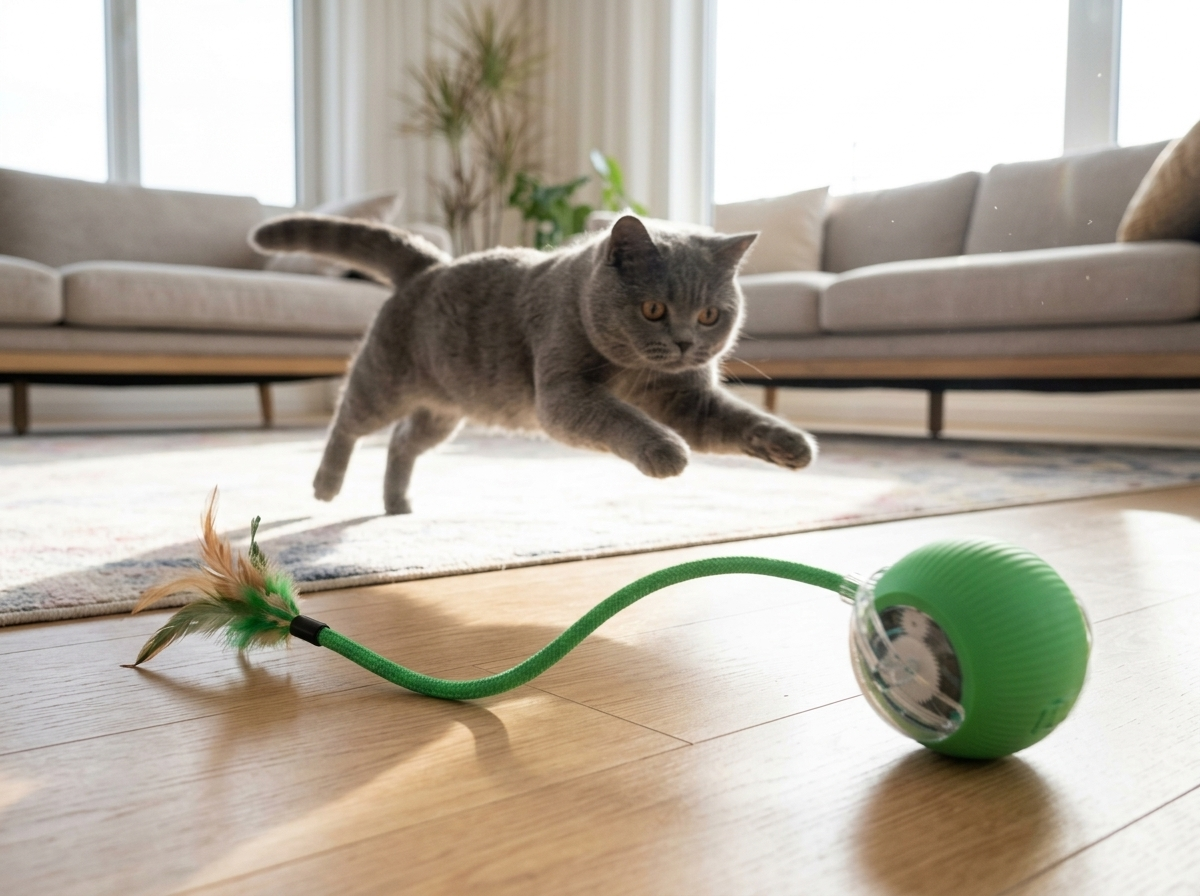 Cat leaping after the rolling ball and feather tail