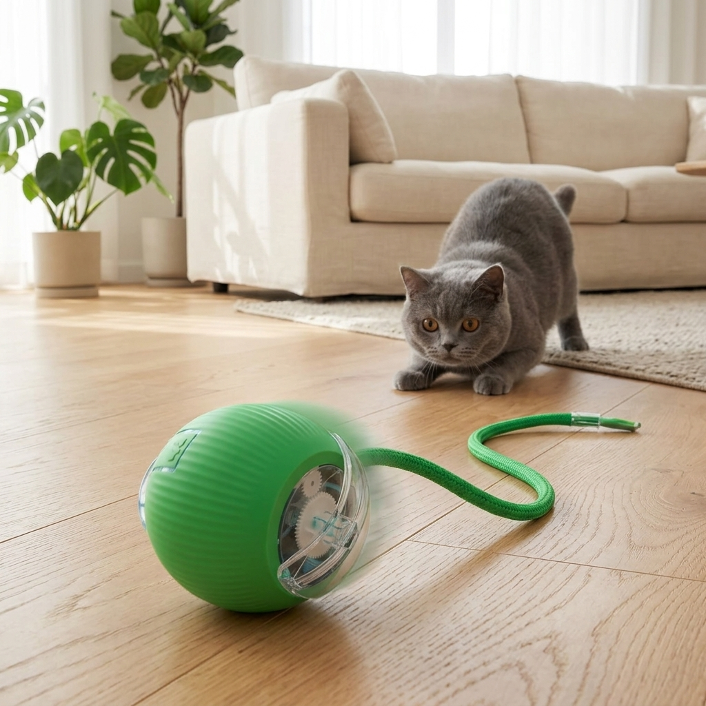 Cat about to pounce on an automatic rolling ball toy