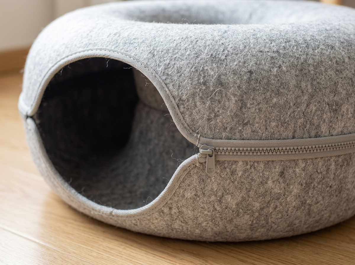 Close-up of thick felt and zipper on the tunnel bed
