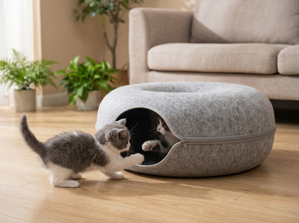 Kittens playing in the felt cat tunnel