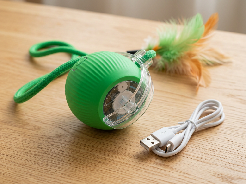 Smart cat ball with feather tail and USB charging cable