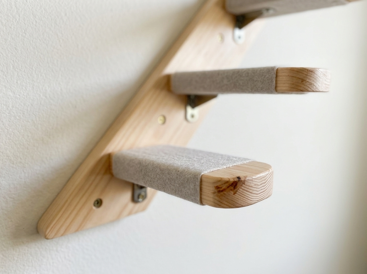 Close-up of solid wood cat step and wall bracket