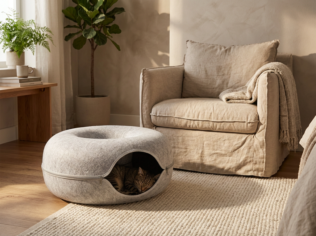 Cat napping in the felt tunnel bed beside an armchair