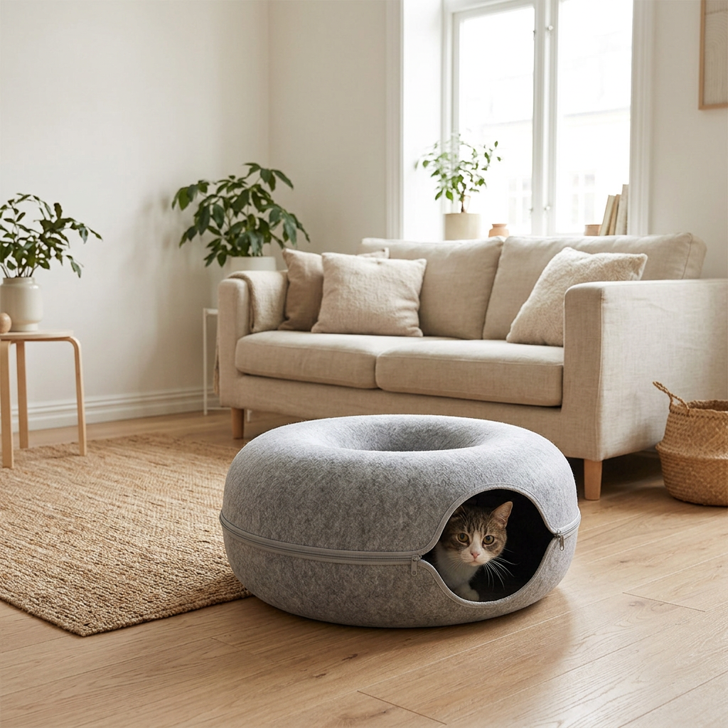 Cat peeking out of a grey felt tunnel bed in a modern living room