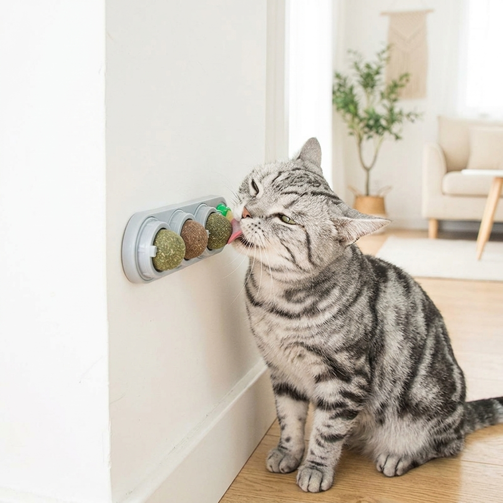 Cat licking a silvervine catnip wall ball